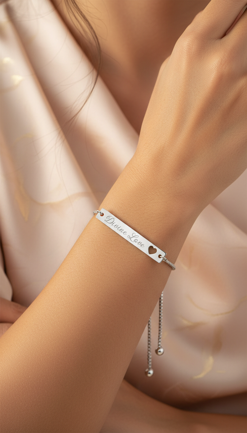 Divine Love Heart Cutout Bar Bracelet — Engravable Adjustable Gold/Silver